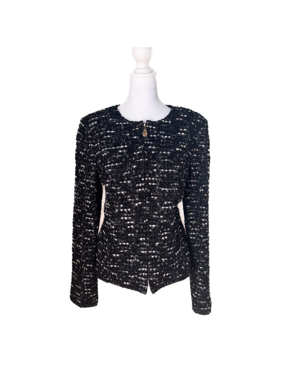 St. John Collection Blue Black Wool Blend Tweed Zip Up Formal Jacket Blazer 10